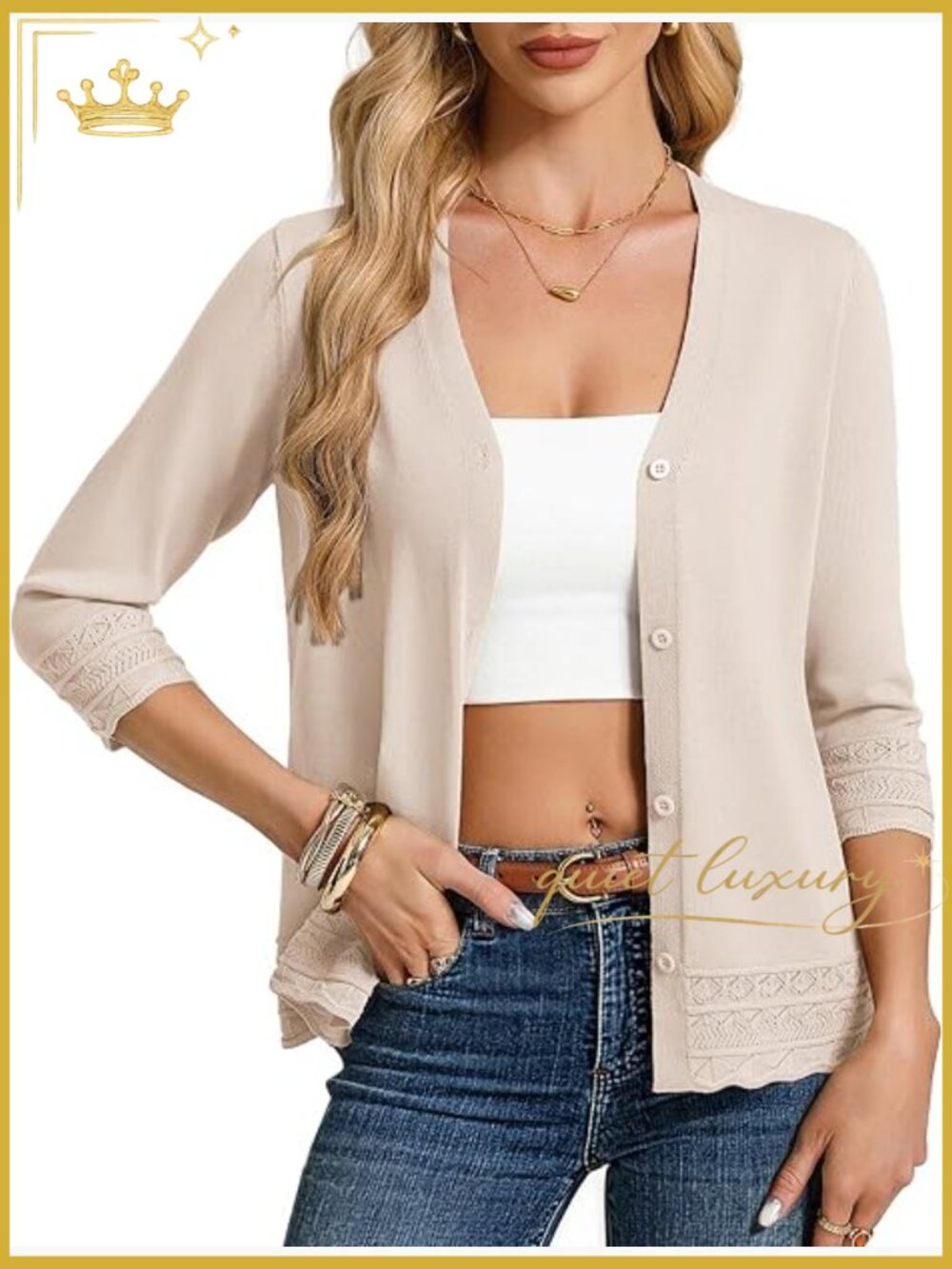 Lightweight 3/4 Sleeve Open Front Button Down Cardigan Sweater - Picture 1 of 7